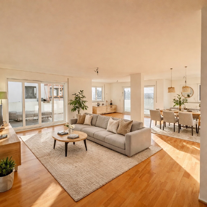 Helles skandinavisches Wohnzimmer und Essbereich